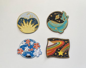 Space Whale Mount Fuji Cherry Blossom Shooting Star Iron-On Applique Patch | Space Whale Mount Fuji Cherry Blossom Shooting Star Iron-On Applique