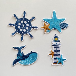 Anker Seestern Wal Leuchtturm Aufbügler Maritim Bestickt Patch DIY | Nautical Wheel Starfish Whale Lighthouse Iron-On Patches Sea Embroidery