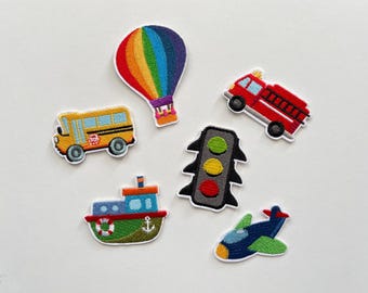 Colorful Vehicles Embroidery Patches Kinder Stickerei Aufnäher Bus Feuerwehr Heißluftballon Flugzeug Fähre Verkehrsmittel DIY Kleidung