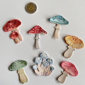 May include: Embroidered mushroom patches in various colors, including red, blue, yellow, and green. The patches feature detailed stitching and are arranged on a white surface. A 2 Euro coin is also present.