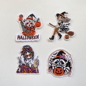 Halloween-lapp, Stryk-på-applikation, Häxlapp, Spöklik säsong, Skelettflicka, Tvättbjörnars broderade lappar, DIY-pyssel, Höstdekor