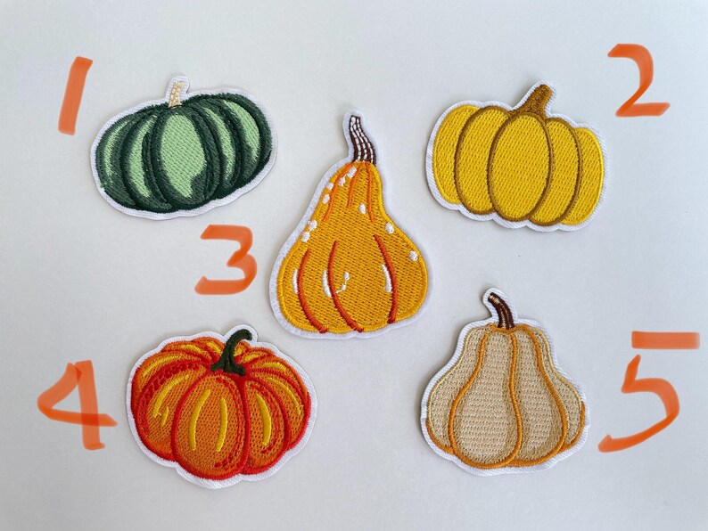 May include: Five embroidered pumpkin patches in various shapes and colors. The patches include a green pumpkin, a yellow pumpkin, an orange gourd, a red-orange pumpkin, and a tan pumpkin. Each patch has a white border.