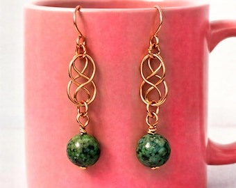 Copper Earrings African Turquoise Jasper Infinity Round Gemstone Beads Birthstone Jewelry Easter Basket Stuffers Anniversary Gifts for Wife