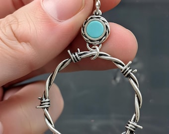 Pendientes de turquesa con púas, joyería vaquera occidental, diseño de aro llamativo, accesorio colgante de plata, regalo, estilo suroeste, moda bohemia country.