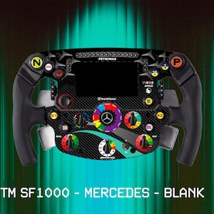 May include: A black and gray steering wheel with colorful buttons and a central screen. The wheel has the text "TM SF1000 - MERCEDES - BLANK" and "HYPER DRIVE STICKERS". The background is teal.