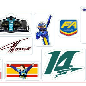 Puede incluir: Una colección de pegatinas con temas de carreras de Fórmula 1. Incluye imágenes de un coche de carreras, un casco, el número 14 y el nombre "Alonso". Las pegatinas son de varios colores.