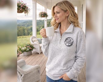 Embroidered Mama Quarter Zip Sweatshirt | Leopard Print Mom Pullover