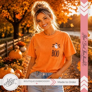 Embroidered Ghost Pocket Tee, Comfort Colors 6030, Halloween Boo Shirt
