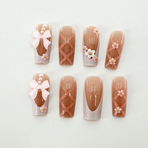 Valentines Pink Bow Press On Nails, Pink, White French Tip Nail Art, Handmade Girly Nail Set, 3D Bow Nail, Soft & Elegant Design