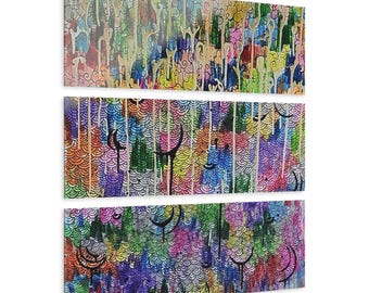 Könnte beinhalten: Dreiteiliges abstraktes Wandkunst-Set. Jedes Stück zeigt ein farbenfrohes, gemustertes Design mit einer Vielzahl von Formen und Farben, darunter Rosa, Grün, Gelb und Blau. Das Kunstwerk hat eine moderne Ästhetik.