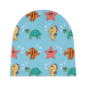 Marine Life Baby Beanie: Cartoon Fish & Turtles, Nautical Gift