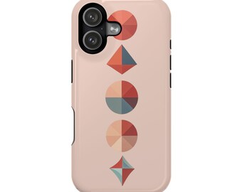 May include: A blush-colored phone case with a geometric design. The design features a series of shapes in shades of red, orange, and blue. The case has a dual-lens camera cutout and black side buttons.