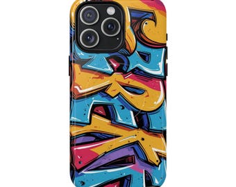 May include: A colorful phone case featuring a graffiti-style design. The case has a glossy finish and a vibrant pattern of overlapping shapes in shades of blue, yellow, orange, and purple. The phone case has a camera cutout.