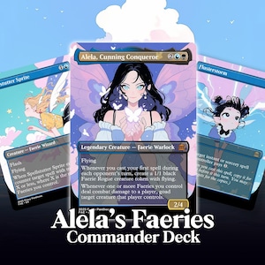Op de afbeelding: Drie Magic: The Gathering-kaarten met illustraties in anime-stijl. De kaarten heten "Spellstutter Sprite", "Alela, Cunning Conqueror" en "Flusterstorm". De tekst "Alela's Faeries Commander Deck" staat onderaan, tegen een blauwe lucht.