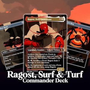 May include: A set of three trading cards titled Ragost, Deft Gastronaut, Swiftfoot Boots, and Sol Ring. The central card features a lobster-headed chef in a kitchen. The text below reads Ragost, Surf & Turf Commander Deck in white font.