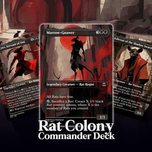 May include: Three Magic: The Gathering cards from the Rat Colony Commander Deck. The cards feature illustrations of rat-like creatures in shades of red, black, and white. The text on the cards includes creature names and abilities.