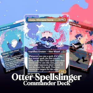 May include: Three Magic: The Gathering trading cards titled Valley Floodcaller, Alania, Divergent Storm, and Seething Song, featuring illustrated otter characters and magical effects in blue, pink, and red, with the text Otter Spellslinger Commander Deck.