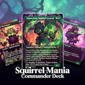 May include: Three Magic: The Gathering cards from the "Squirrel-Mania Commander Deck" featuring fantasy art. The cards include "Chatterfang, Squirrel General", "Hazel's Brewmaster", and "Tireless Provisioner". The deck name is displayed at the bottom.