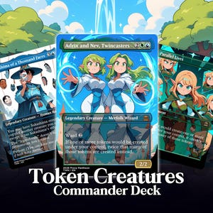 May include: Three trading cards titled Sakashima of a Thousand Faces, Adrix and Nev, Twincasters, and Parallel Lives, featuring anime-style illustrations of characters in blue, green, and white outfits, with the text Token Creatures Commander Deck.