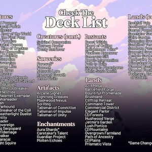 May include: A deck list titled "Check The Deck List" with various card names categorized under Creatures, Lands, Instants, Sorceries, Artifacts, and Enchantments. The background is a soft, pastel sky.