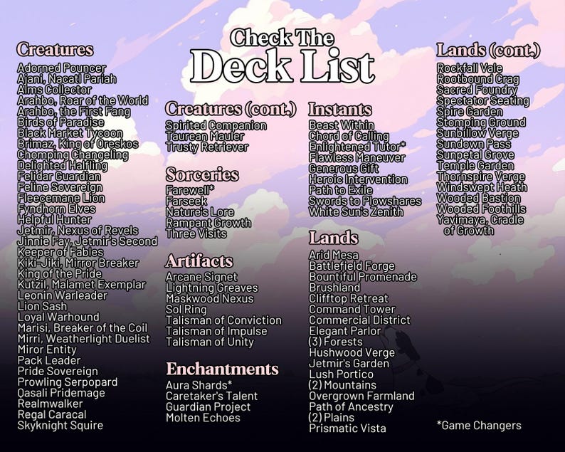 May include: A deck list titled "Check The Deck List" with various card names categorized under Creatures, Lands, Instants, Sorceries, Artifacts, and Enchantments. The background is a soft, pastel sky.