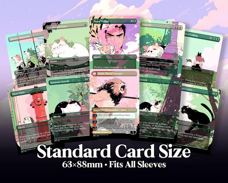 May include: A collection of illustrated trading cards with various designs, including cats, people, and a lion. The cards feature text and are labeled "Standard Card Size" with dimensions of 63x88mm, fitting all sleeves.