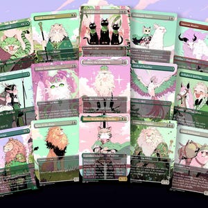 May include: A collection of fantasy trading cards featuring various illustrated creatures, including cats, lions, and birds. The cards have a pastel color palette with green, pink, and purple accents. Each card displays unique artwork and text.