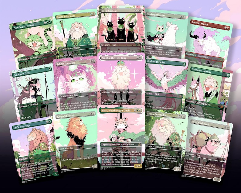 May include: A collection of fantasy trading cards featuring various illustrated creatures, including cats, lions, and birds. The cards have a pastel color palette with green, pink, and purple accents. Each card displays unique artwork and text.