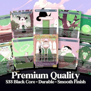 May include: A collection of illustrated trading cards with various fantasy art. The cards feature images of animals, including cats and dogs, with text such as "Lightning Greaves" and "Jetmir, Nexus of Revels." The cards are labeled "Premium Quality."