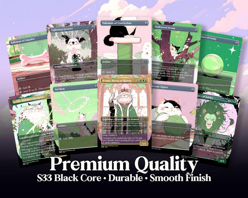 May include: A collection of illustrated trading cards with various fantasy art. The cards feature images of animals, including cats and dogs, with text such as "Lightning Greaves" and "Jetmir, Nexus of Revels." The cards are labeled "Premium Quality."
