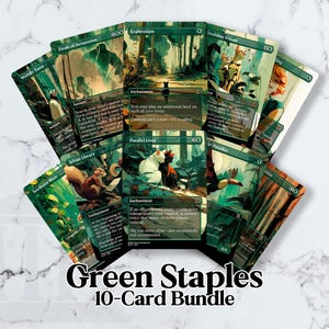 May include: A bundle of ten green-themed trading cards, featuring various illustrations and text. The cards are fanned out, showcasing a variety of artwork and card names. The text "Green Staples 10-Card Bundle" is displayed at the bottom.