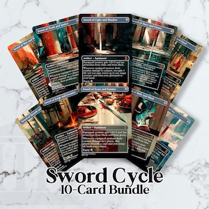 Puede incluir: Un conjunto de diez cartas coleccionables de Magic: The Gathering, con la serie "Sword Cycle". Cada carta muestra ilustraciones y texto únicos, con títulos como "Sword of Truth and Justice" y "Sword of Light and Shadow". Las cartas están dispuestas en abanico.