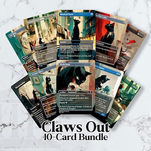 Könnte beinhalten: Ein Set von zehn Sammelkarten mit stilisierten schwarzen Katzen in verschiedenen Posen. Die Karten haben eine Mischung aus blauen, roten und weißen Hintergründen. Der Text "Claws Out 10-Card Bundle" befindet sich unten.