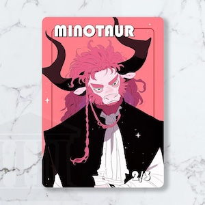 May include: A card featuring a Minotaur illustration. The Minotaur has pink hair and a pink and red face, with large black horns. The Minotaur is wearing a black coat and a white shirt. The card has the text "MINOTAUR" at the top and "2/3" at the bottom.