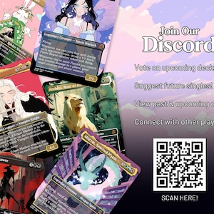 May include: A collection of fantasy-themed trading cards featuring illustrations of mythical creatures and characters. The cards are displayed with a background that includes text that says "Join Our Discord" and a QR code to scan.