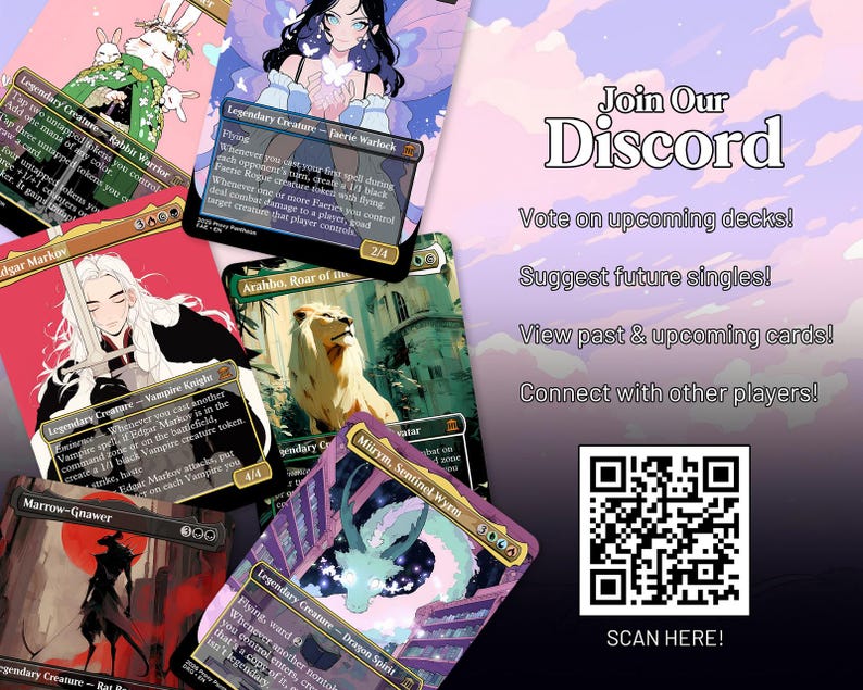 May include: A collection of fantasy-themed trading cards featuring illustrations of mythical creatures and characters. The cards are displayed with a background that includes text that says "Join Our Discord" and a QR code to scan.