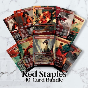 May include: A bundle of ten trading cards with various illustrations and text. The cards feature a red and beige color scheme with images of figures, dragons, and abstract designs. The text "Red Staples 10-Card Bundle" is at the bottom.
