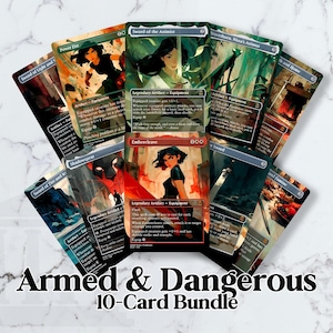 Puede incluir: Un conjunto de diez cartas coleccionables con arte de fantasía. Las cartas presentan ilustraciones de mujeres y espadas, con texto como "Sword of the Animist" y "Embercleave". La frase "Armed & Dangerous" y "10-Card Bundle" está en la parte inferior.