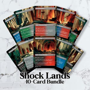 May include: A bundle of ten trading cards, featuring various fantasy landscapes in shades of green, blue, red, and brown. The cards are fanned out, with the text "Shock Lands" and "10-Card Bundle" at the bottom.