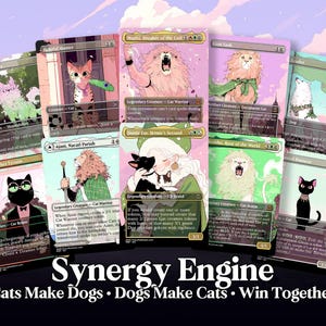 May include: A collection of fantasy trading cards featuring cat and dog illustrations. The cards have a pastel color scheme with text that reads "Synergy Engine: Cats Make Dogs, Dogs Make Cats, Win Together."