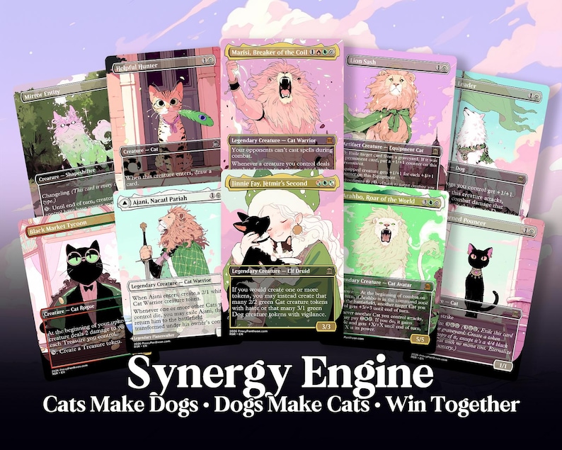 May include: A collection of fantasy trading cards featuring cat and dog illustrations. The cards have a pastel color scheme with text that reads "Synergy Engine: Cats Make Dogs, Dogs Make Cats, Win Together."