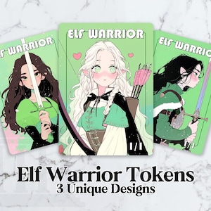 May include: Three Elf Warrior tokens with unique designs. Each card features a different anime-style elf character with weapons. The cards have a light green background with the words "Elf Warrior" at the top. The text "Elf Warrior Tokens 3 Unique Designs" is at the bottom.