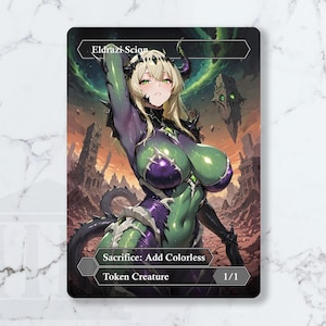 Puede incluir: Una carta de arte de fantasía que presenta una figura femenina con armadura verde y púrpura, cuernos y cabello rubio. La carta dice "Eldrazi Scion", "Sacrifice: Add Colorless" y "Token Creature 1/1". El fondo muestra una ciudad en ruinas.