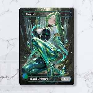May include: A fantasy art card depicting a green-haired character in a forest. The character is dressed in a black and green outfit with crystal details. The card is labelled "Fractal" and "Token Creature", with a 0/0 designation.