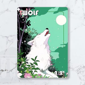 May include: A rectangular card featuring a white wolf howling at a full moon. The word "WOLF" is at the top, with a green and black forest scene in the background. The wolf is surrounded by green foliage and pink flowers. The card has a 2/2 power and toughness.