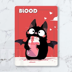 May include: A rectangular card featuring a cartoon bat holding a jar of pink liquid. The bat is black with large white eyes and bat wings. The word "BLOOD" is printed in white at the top against a red background. White hearts and clouds are also present.