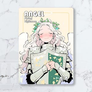 May include: An illustrated card depicting an angel character. The angel has long, flowing white hair, a floral crown, and wears silver armour. The card includes the text "ANGEL" and "Flying Vigilance", with a shield design and the number "4/4".
