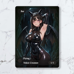 May include: A fantasy art card depicting a woman in a bat costume. The card is labelled "Bat" at the top, with "Flying" and "Token Creature" at the bottom. The card has a black border and a dark background.