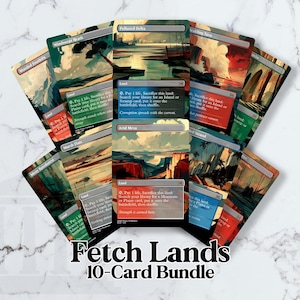 Puede incluir: Un paquete de diez cartas coleccionables con arte de paisajes. Las cartas presentan varios esquemas de color, incluyendo verde, rojo y azul. El texto "Fetch Lands" y "10-Card Bundle" se muestra en la parte inferior de la imagen.