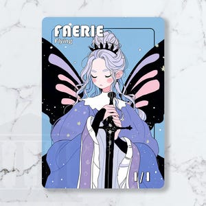 May include: A fantasy art card depicting a fairy with butterfly wings, a crown, and a sword. The card has a blue background with the word "FAERIE" and the word "Flying" in white text. The fairy is wearing a blue and purple gown.